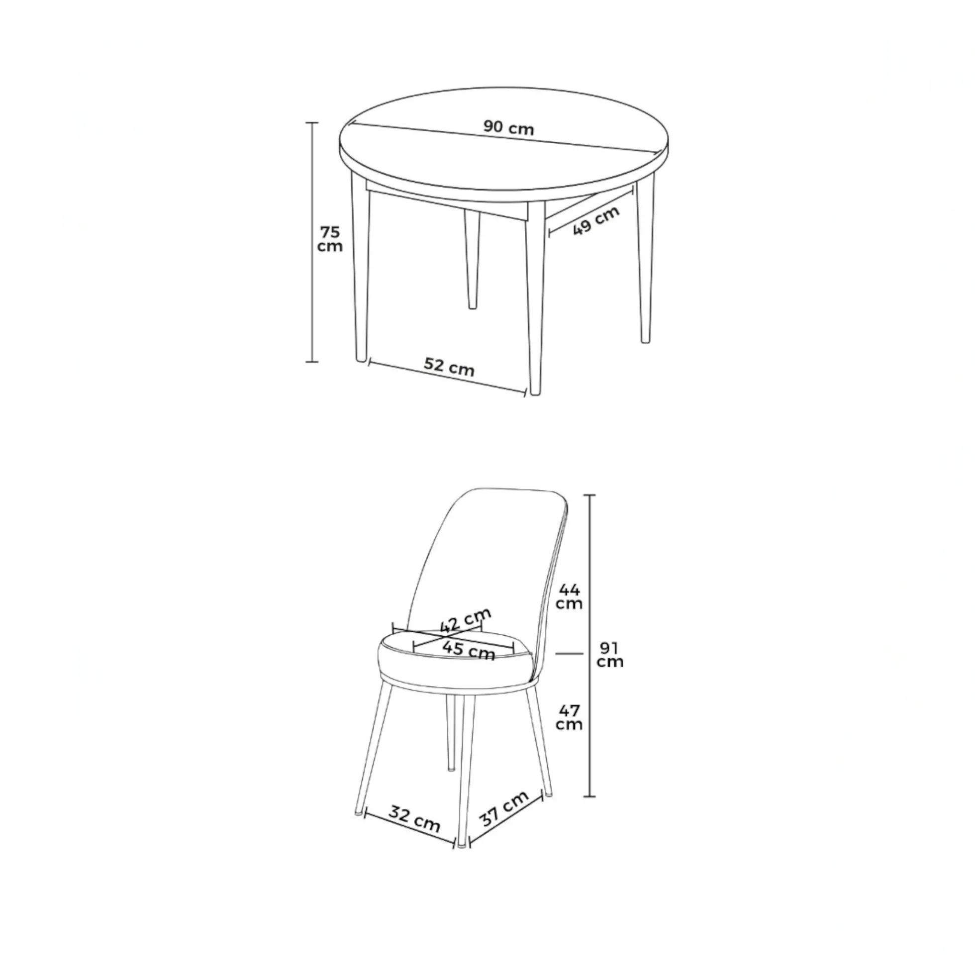 Ensemble table ronde Ø90 cm + 4 chaises moutarde à motifs AROLA