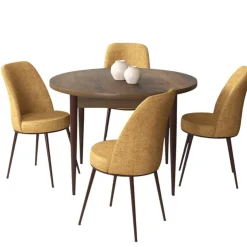 Ensemble table ronde Ø90 cm + 4 chaises moutarde à motifs AROLA