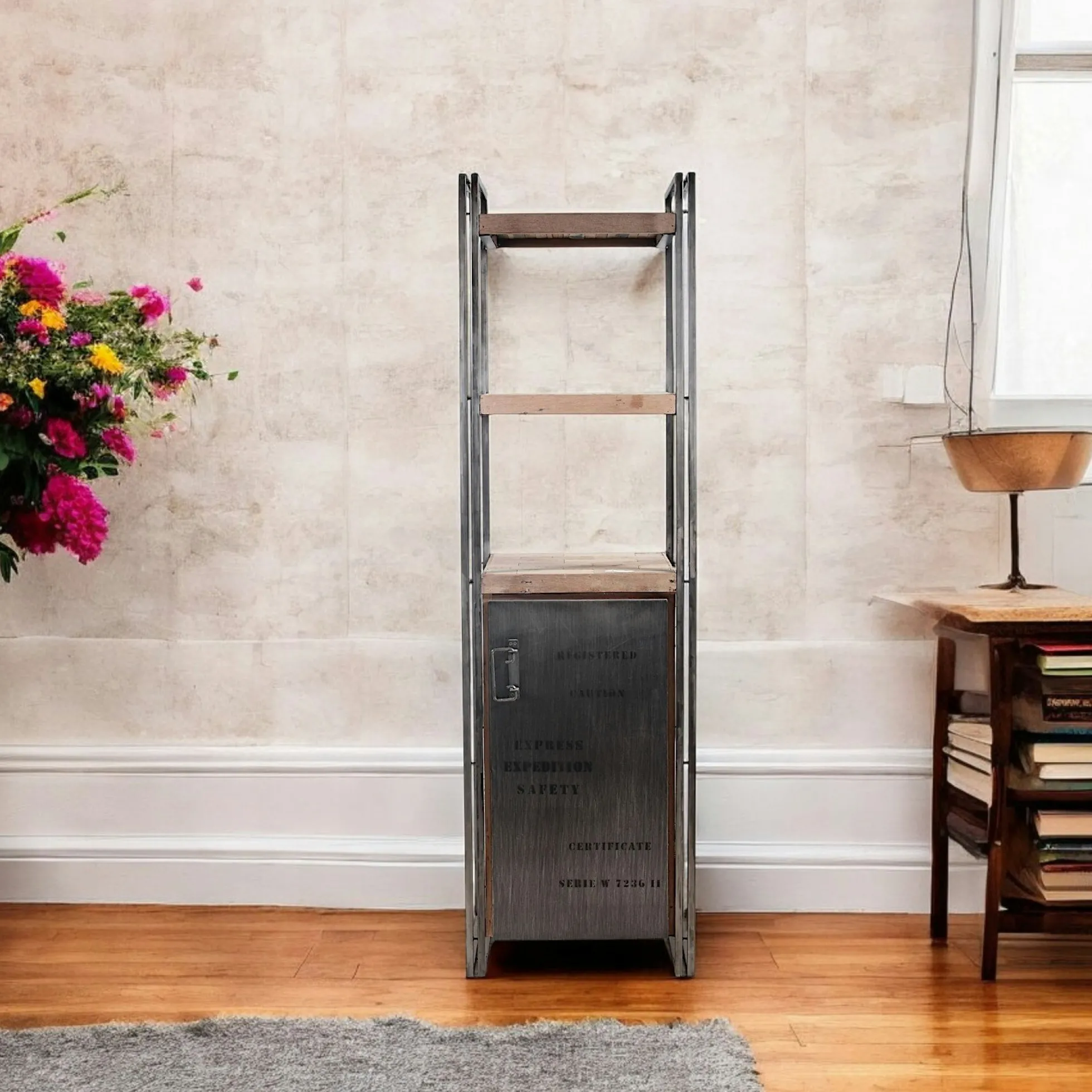 Etagère bois recyclé 3 plateaux 1 porte 60x210 CARAVELLE