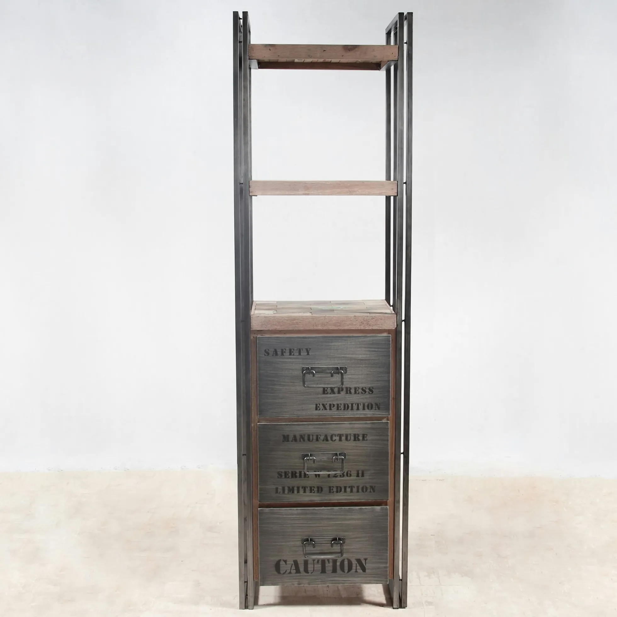 Etagère bois recyclé 3 plateaux 3 tiroirs 60x210 CARAVELLE