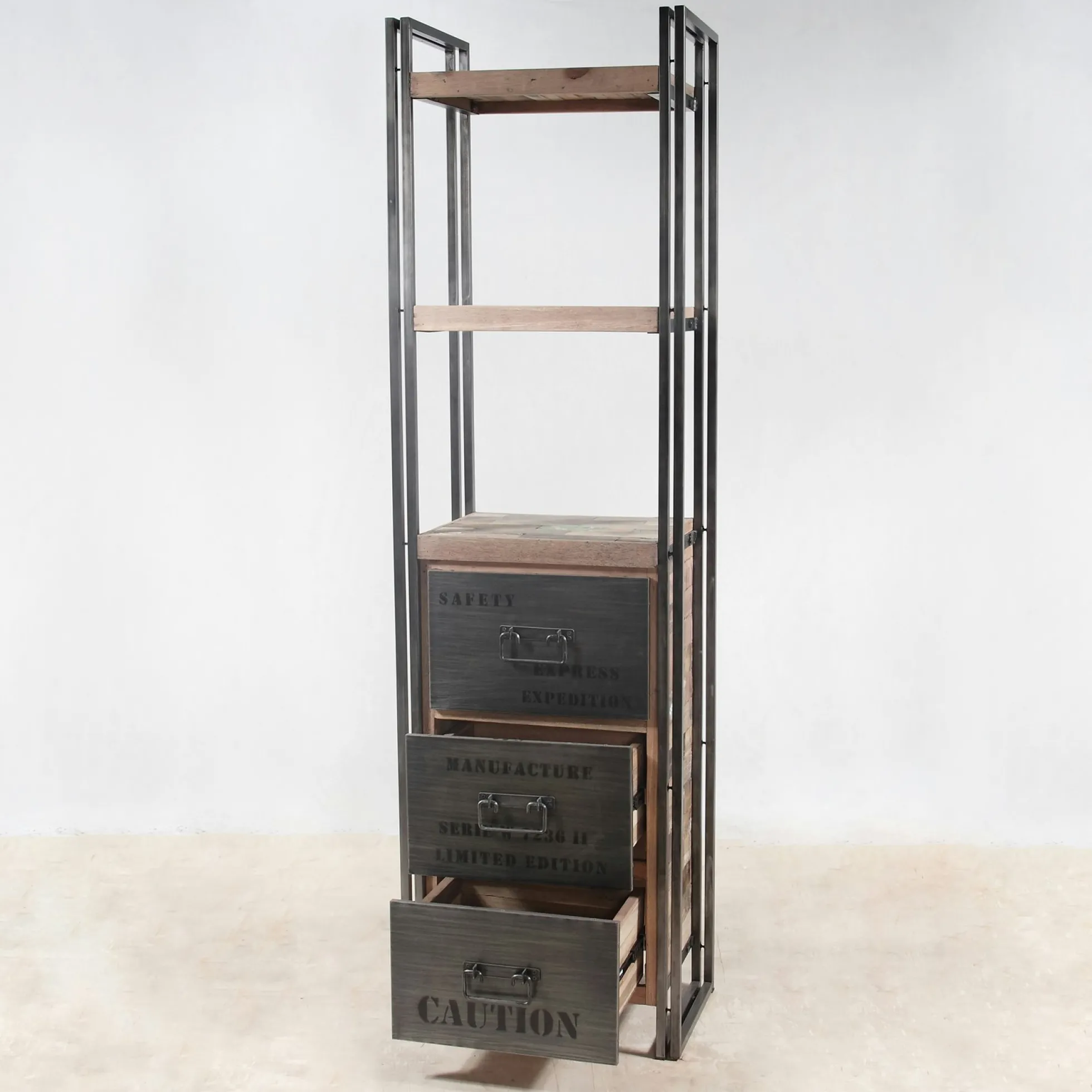 Etagère bois recyclé 3 plateaux 3 tiroirs 60x210 CARAVELLE