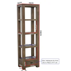 Etagère colonne 1 tiroir bois hévéa massif H190cm HELENA