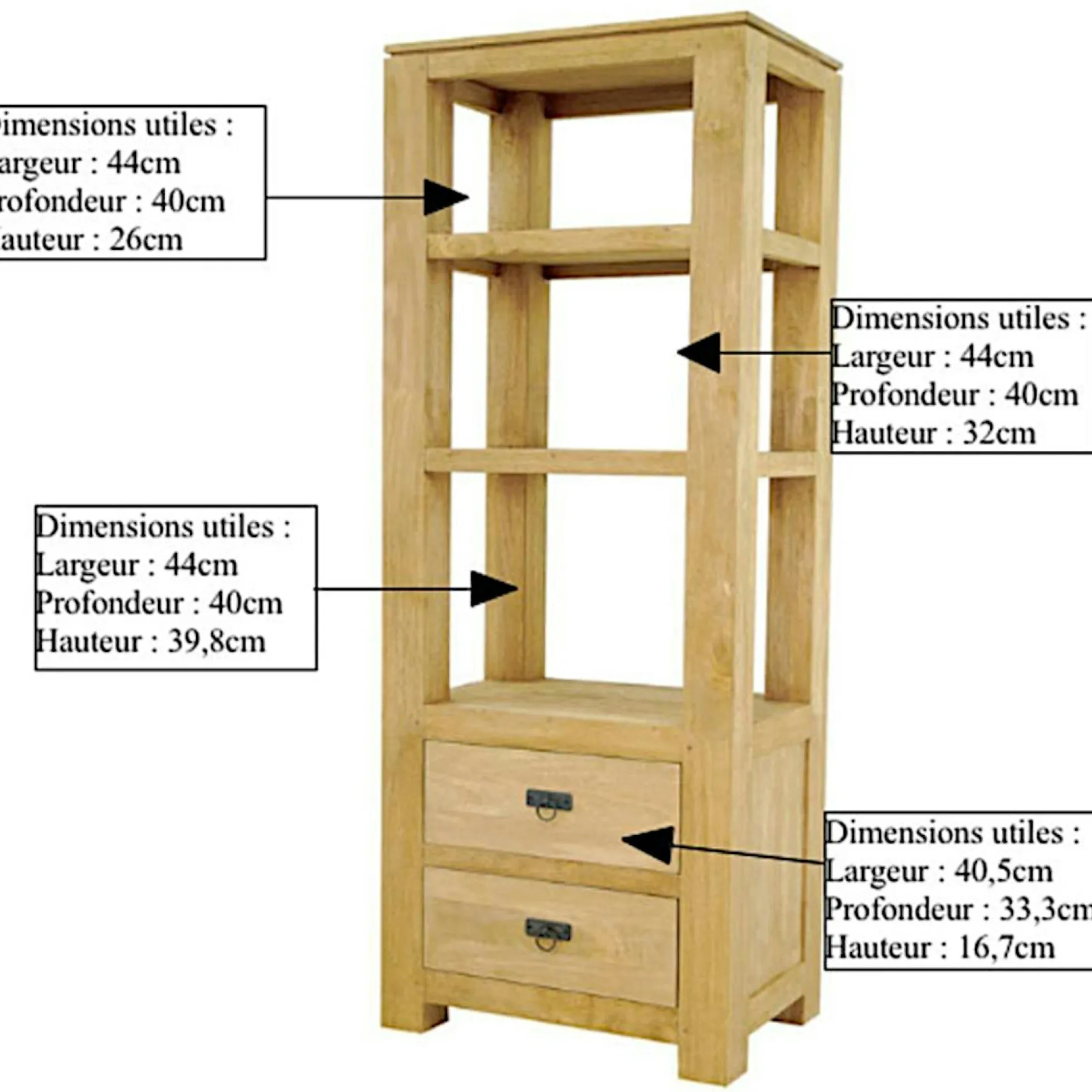 Etagère colonne 2 tirois hévéa massif H170cm HELENA