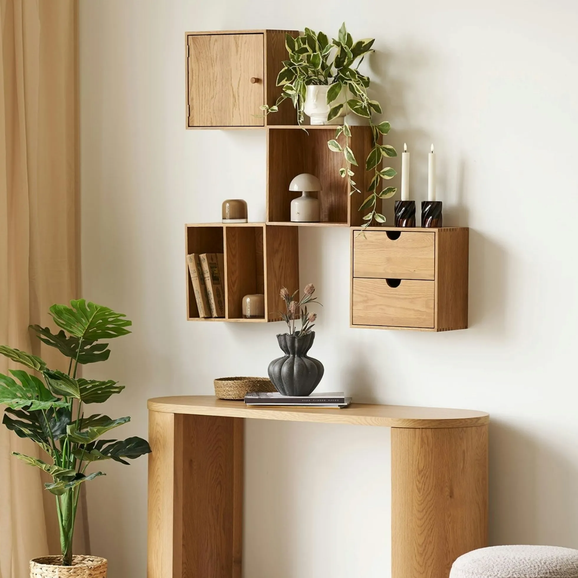 Etagère cube murale 2 niches bois de chêne 30 cm VARDE