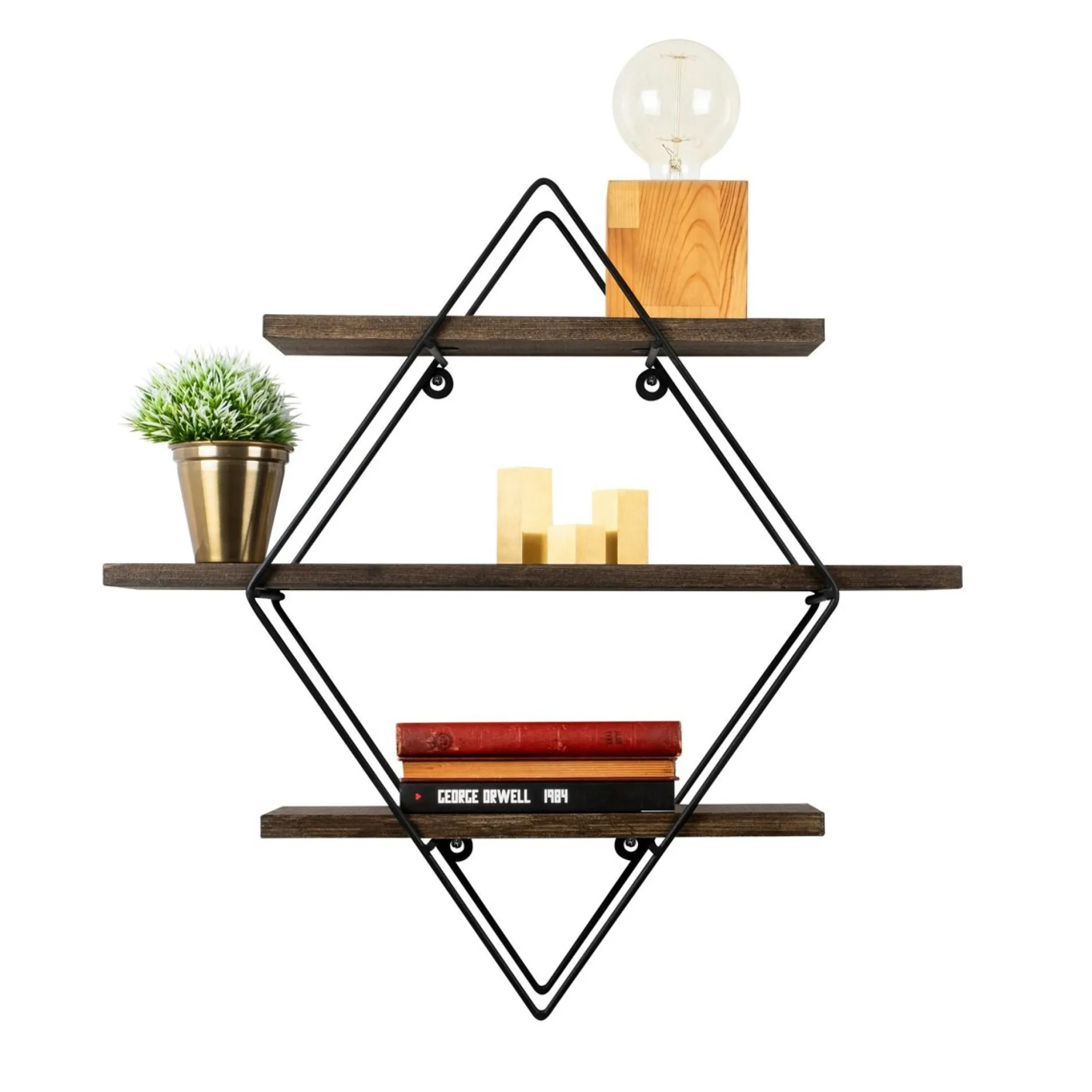 Etagère décorative noire losange décor bois foncé JENA