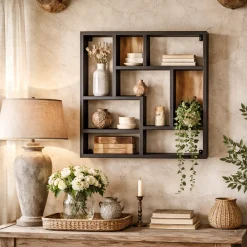 Etagère murale design carré bois clair métal noir RIVANO