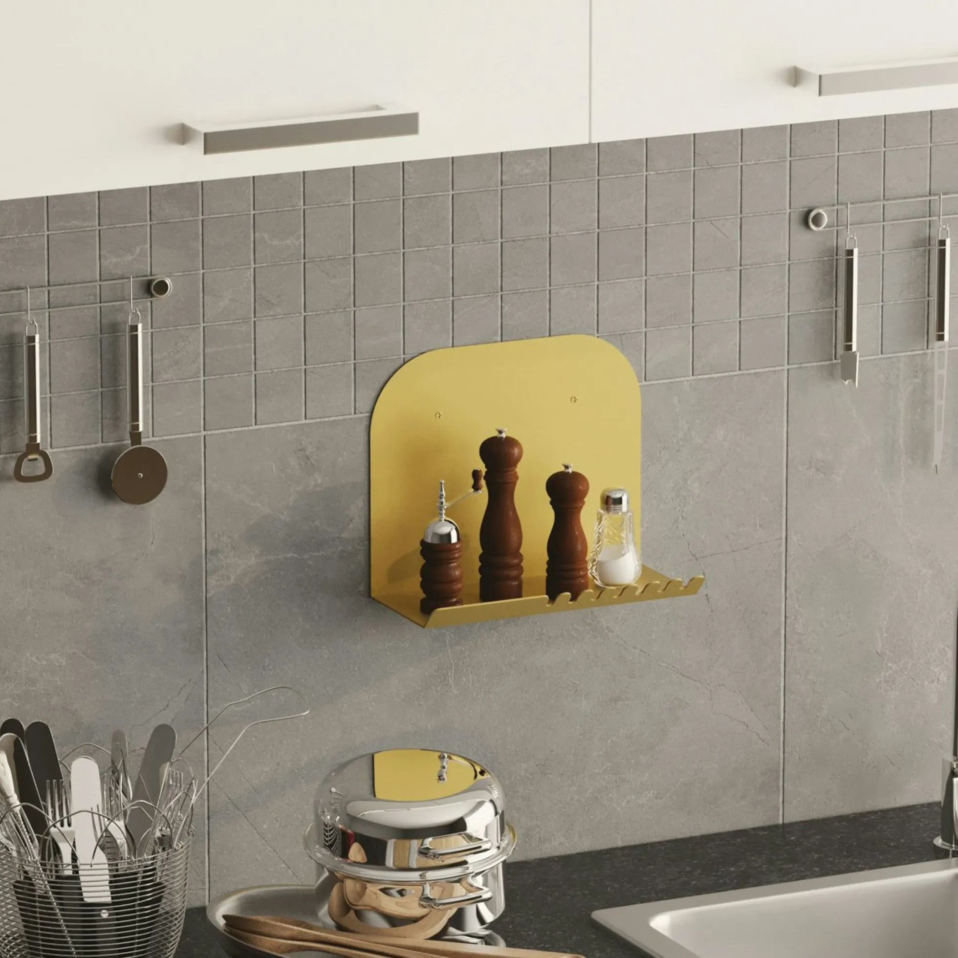 Etagère murale métal doré avec crochets dentelés 28 cm SFAX