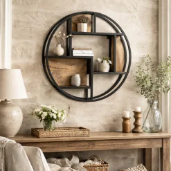 Etagère murale ronde bois clair métal noir RIVANO