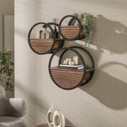 Etagère murale ronde bois d'acacia foncé 1 tiroir Ø50 cm NAKO