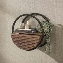 Etagère murale ronde bois d'acacia foncé 1 tiroir Ø50 cm NAKO