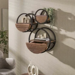 Etagère murale ronde bois d'acacia foncé 1 tiroir Ø50 cm NAKO