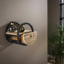 Etagère murale ronde bois recyclé brut 1 tiroir D30 cm CYCLADES