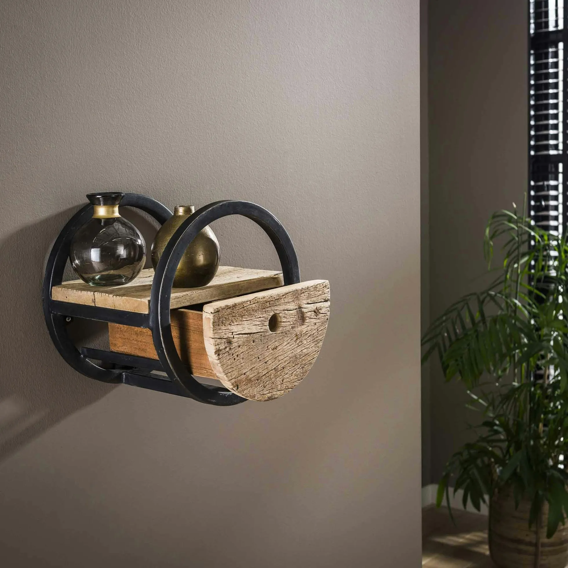 Etagère murale ronde bois recyclé brut 1 tiroir D30 cm CYCLADES
