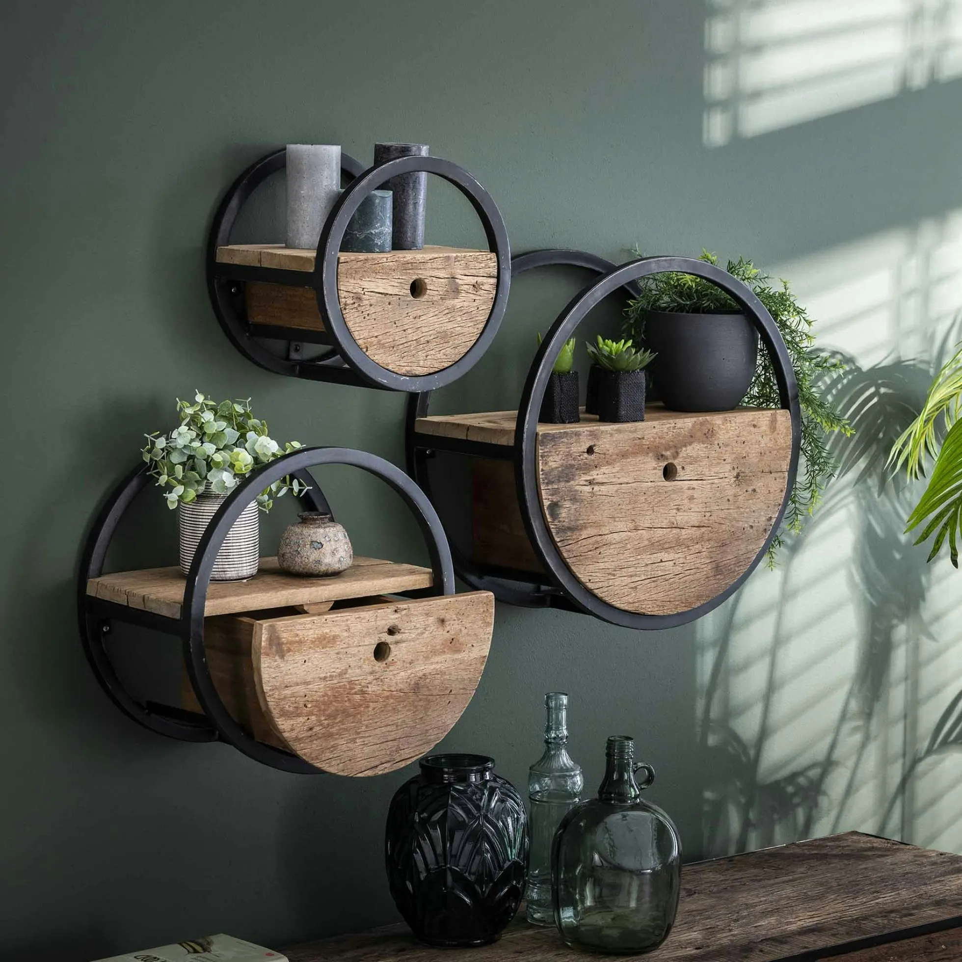 Etagère murale ronde bois recyclé brut 1 tiroir D30 cm CYCLADES