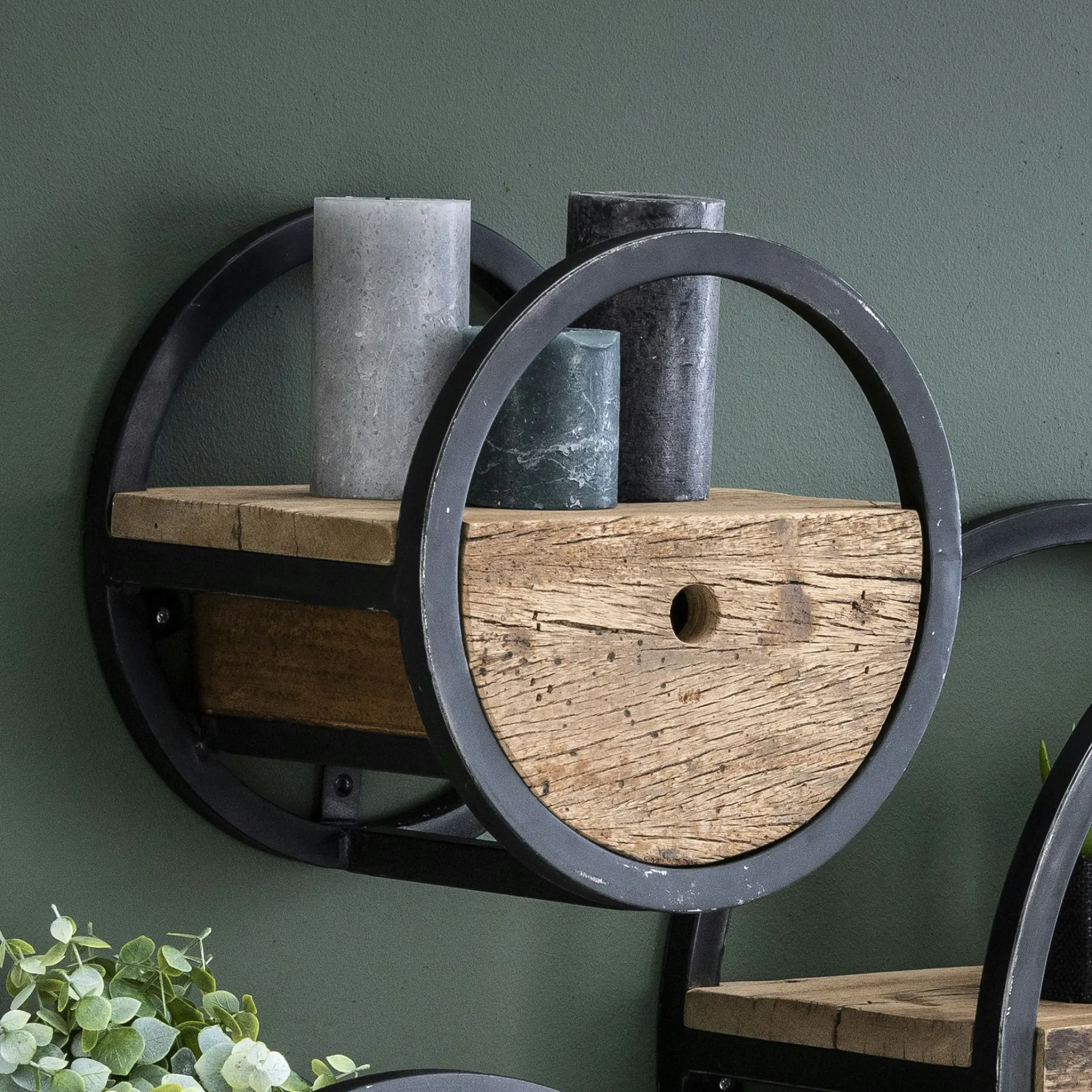 Etagère murale ronde bois recyclé brut 1 tiroir D30 cm CYCLADES