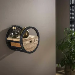 Etagère murale ronde bois recyclé brut 1 tiroir D30 cm CYCLADES