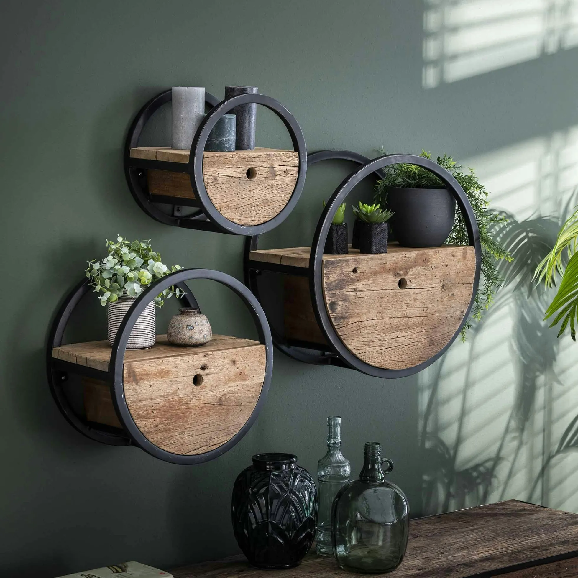 Etagère murale ronde bois recyclé brut 1 tiroir D40 cm CYCLADES