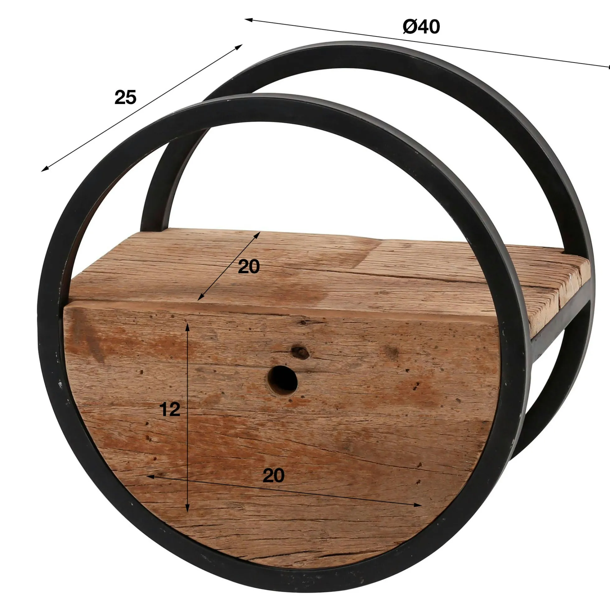 Etagère murale ronde bois recyclé brut 1 tiroir D40 cm CYCLADES