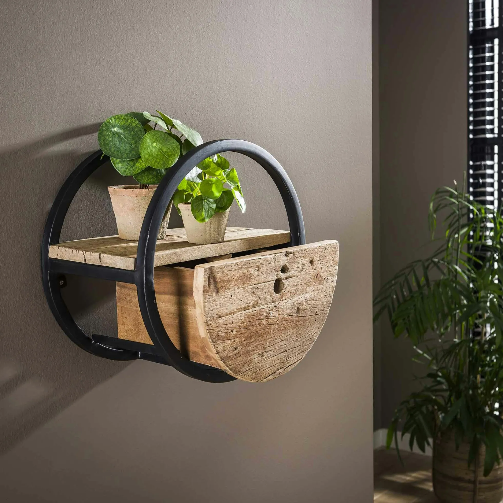 Etagère murale ronde bois recyclé brut 1 tiroir D40 cm CYCLADES