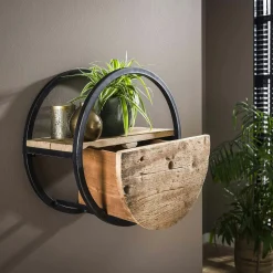 Etagère murale ronde bois recyclé brut 1 tiroir D50 cm CYCLADES
