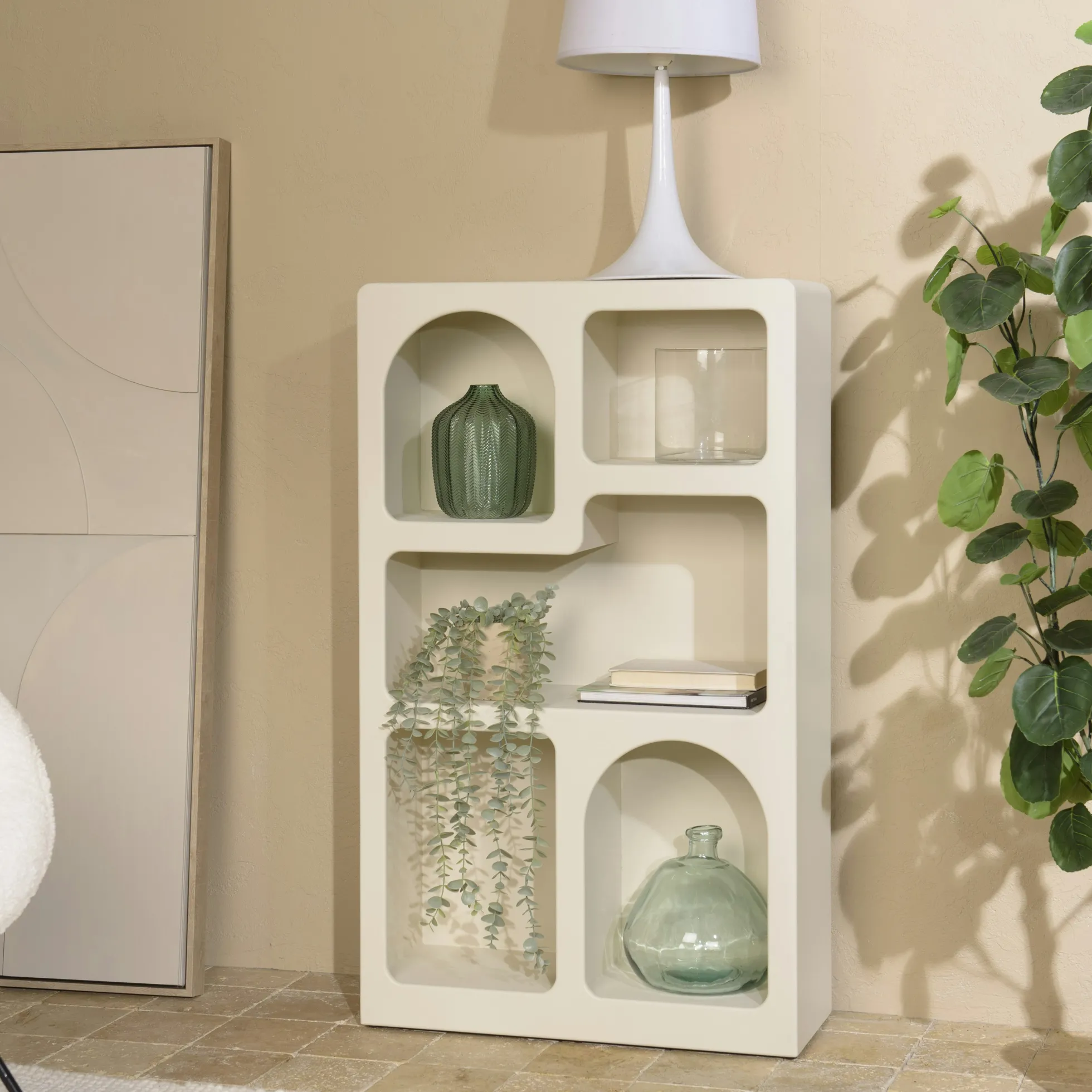 Etagère 5 niches 60x24cm en bois peint couleur beige NELIA