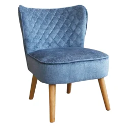 Fauteuil bleu tissu chenille - pieds bois, motif croisé IENA