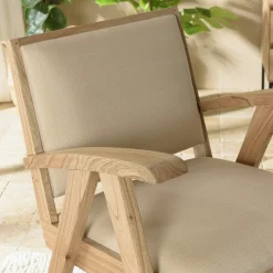 Fauteuil bois exotique clair tissu beige DIKA