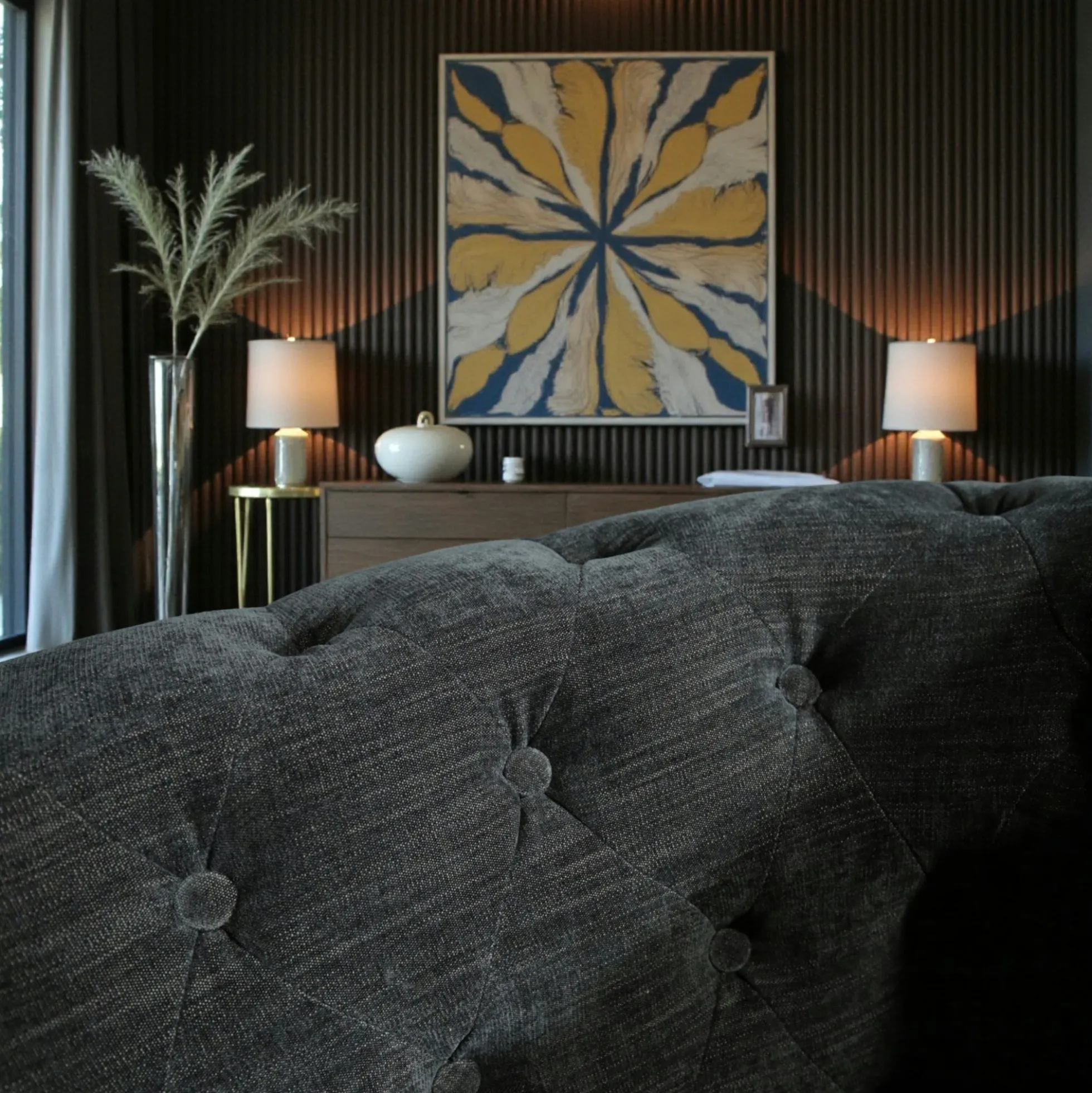 Fauteuil chesterfield en tissu anthracite chiné YORK
