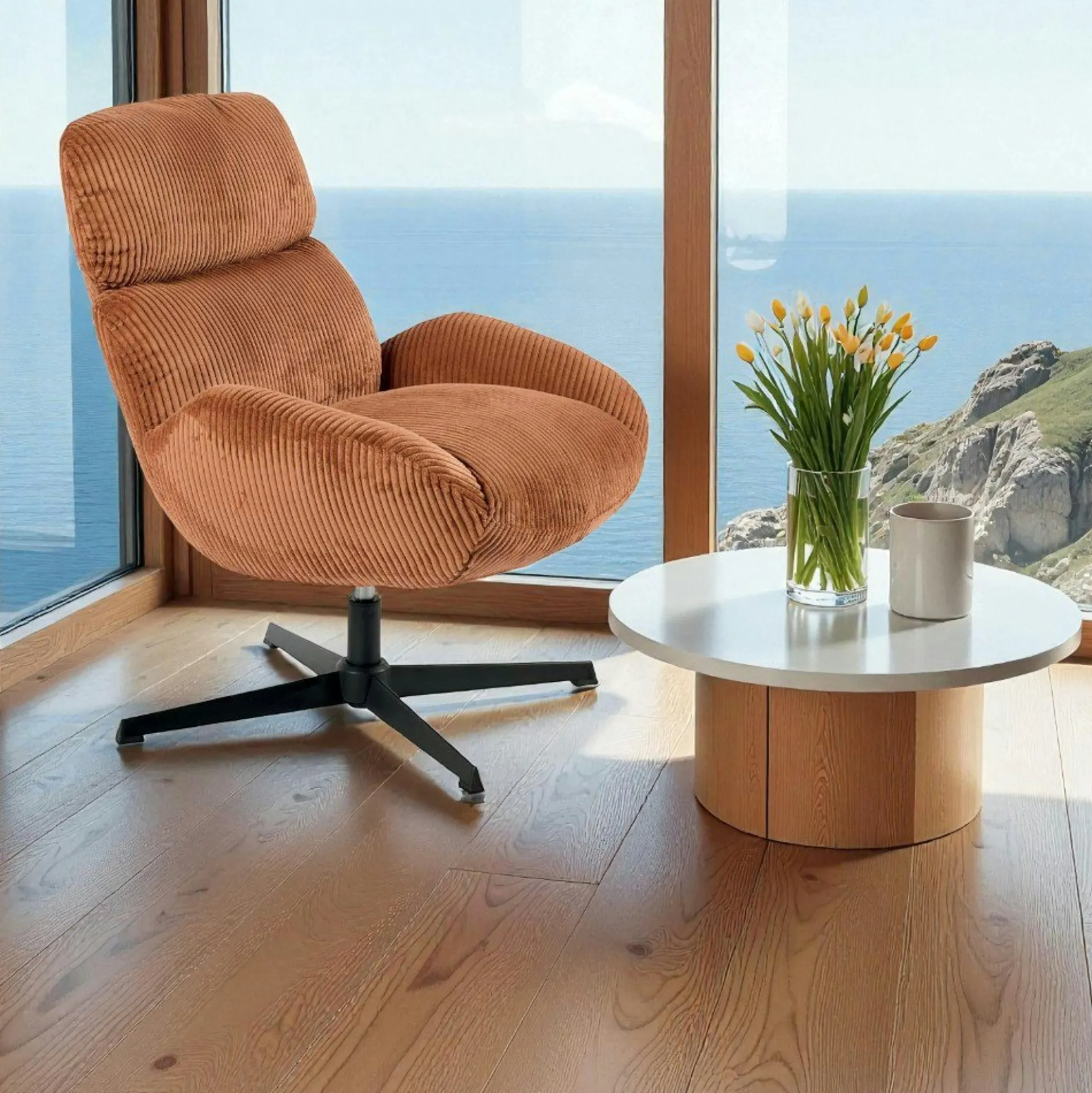 Fauteuil confort pivotant en velours côtelé terracotta IENA