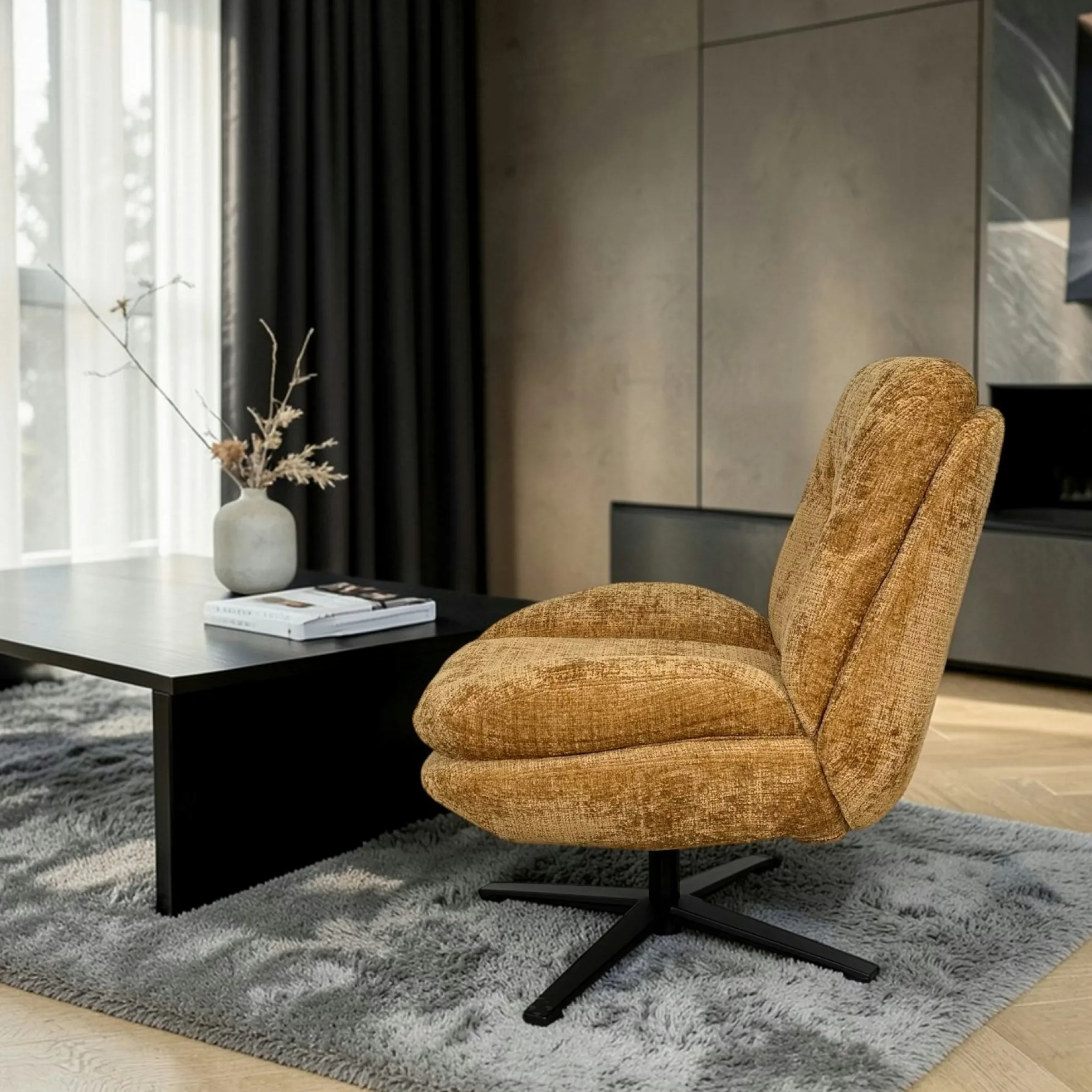 Fauteuil confort pivotant tissu doux moutarde IENA