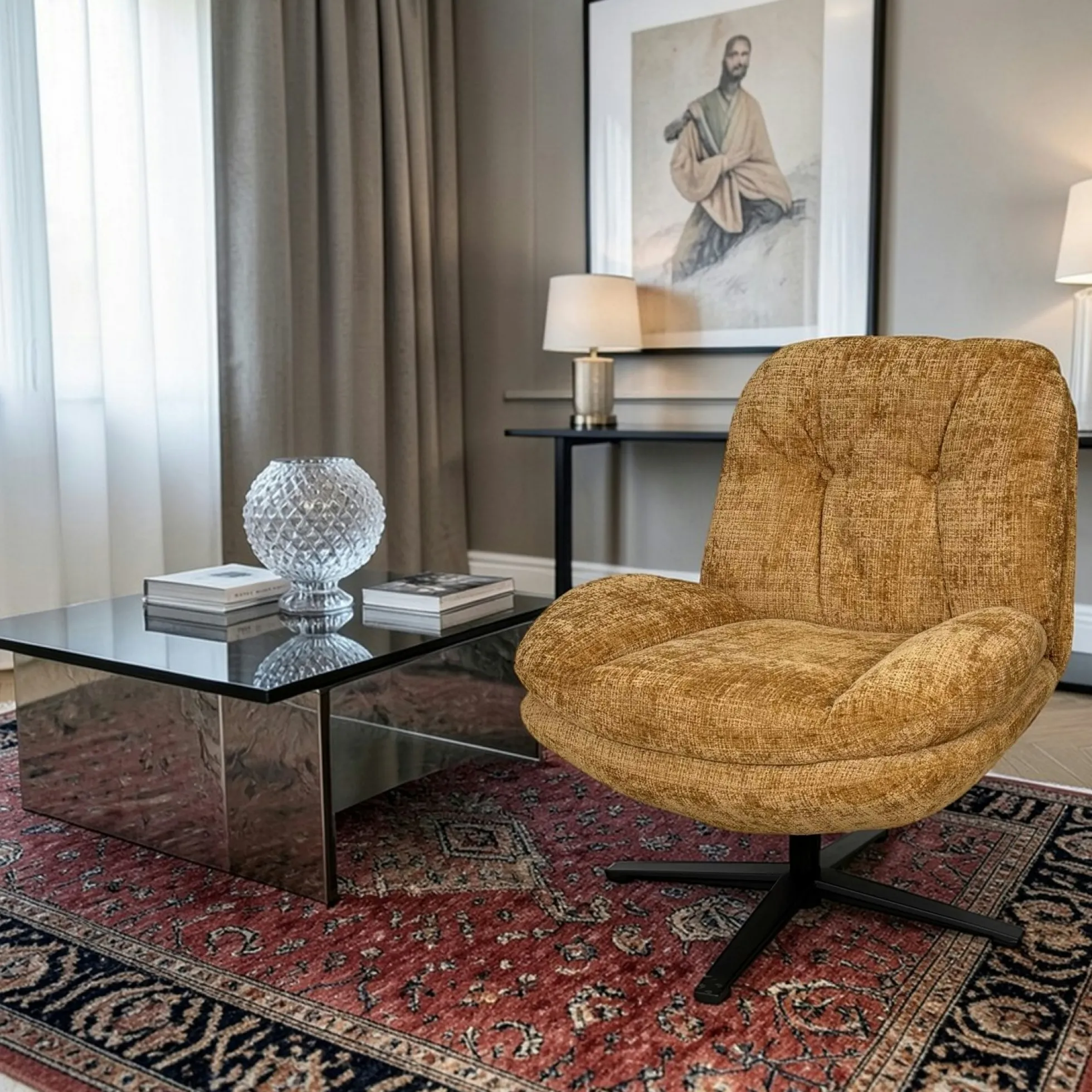 Fauteuil confort pivotant tissu doux moutarde IENA