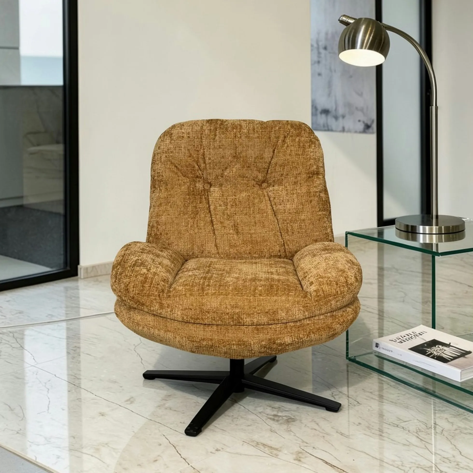 Fauteuil confort pivotant tissu doux moutarde IENA