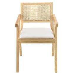 Fauteuil contemporain bois clair tissu blanc et cannage TIM