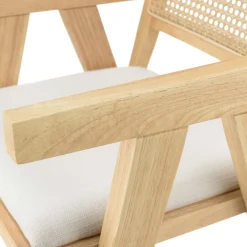 Fauteuil contemporain bois clair tissu blanc et cannage TIM