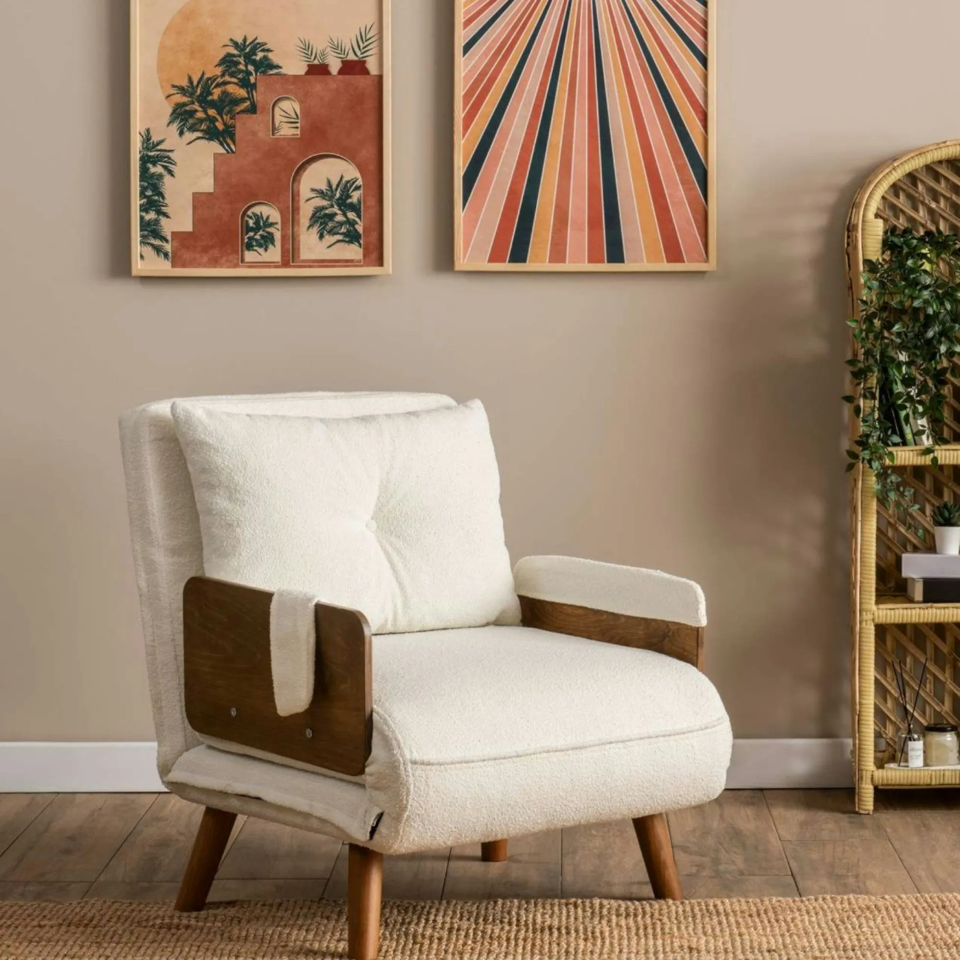 Fauteuil convertible blanc bouclette 1 place couchage 190 cm LOJA