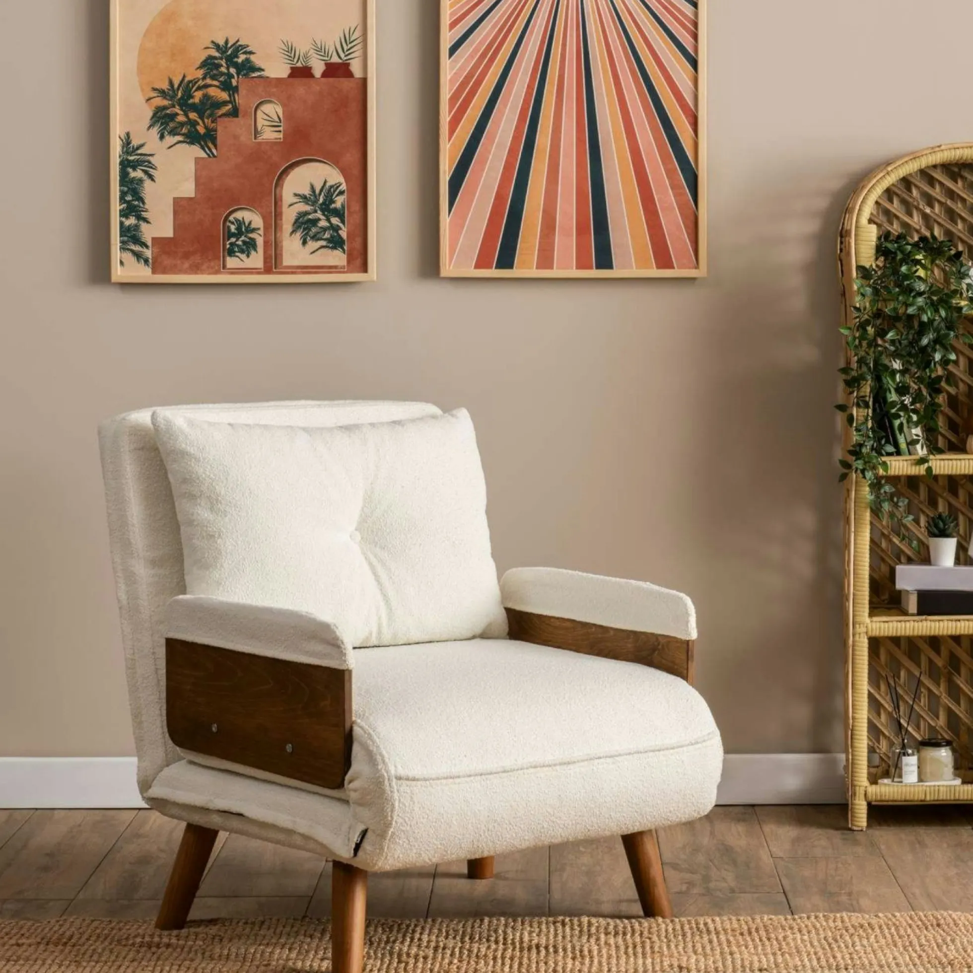 Fauteuil convertible blanc bouclette 1 place couchage 190 cm LOJA