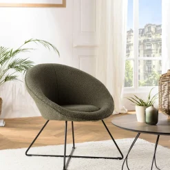 Fauteuil cosy rond tissu bouclette vert kaki TIM