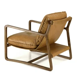 Fauteuil cuir beige et bois dos incliné PRESTON