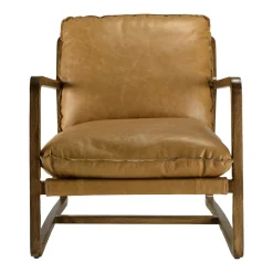 Fauteuil cuir beige et bois dos incliné PRESTON