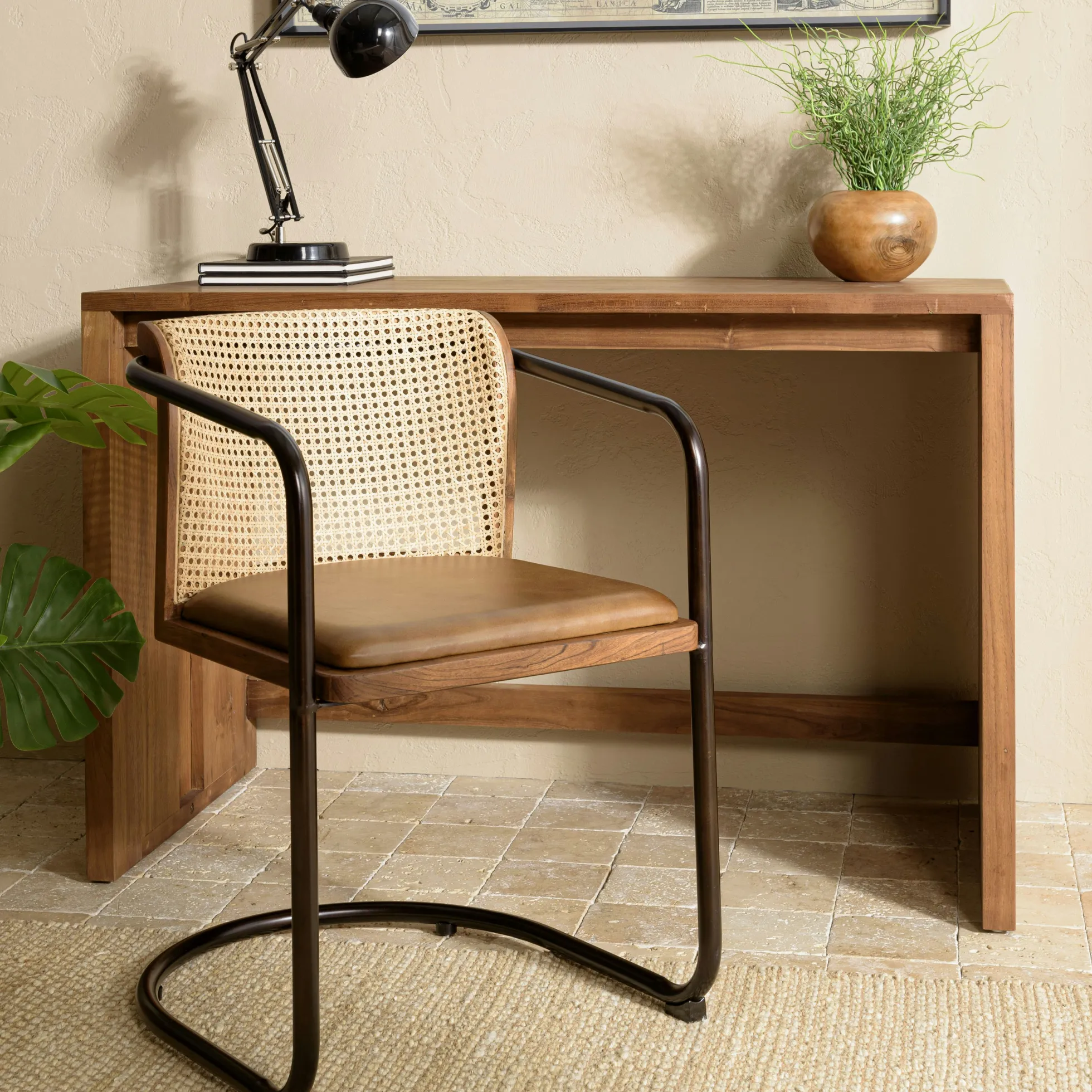 Fauteuil cuir et rotin havane pied luge arrondi (lot de 2) TIM