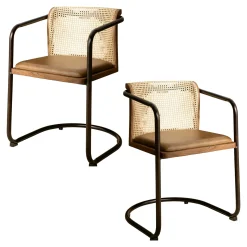 Fauteuil cuir et rotin havane pied luge arrondi (lot de 2) TIM