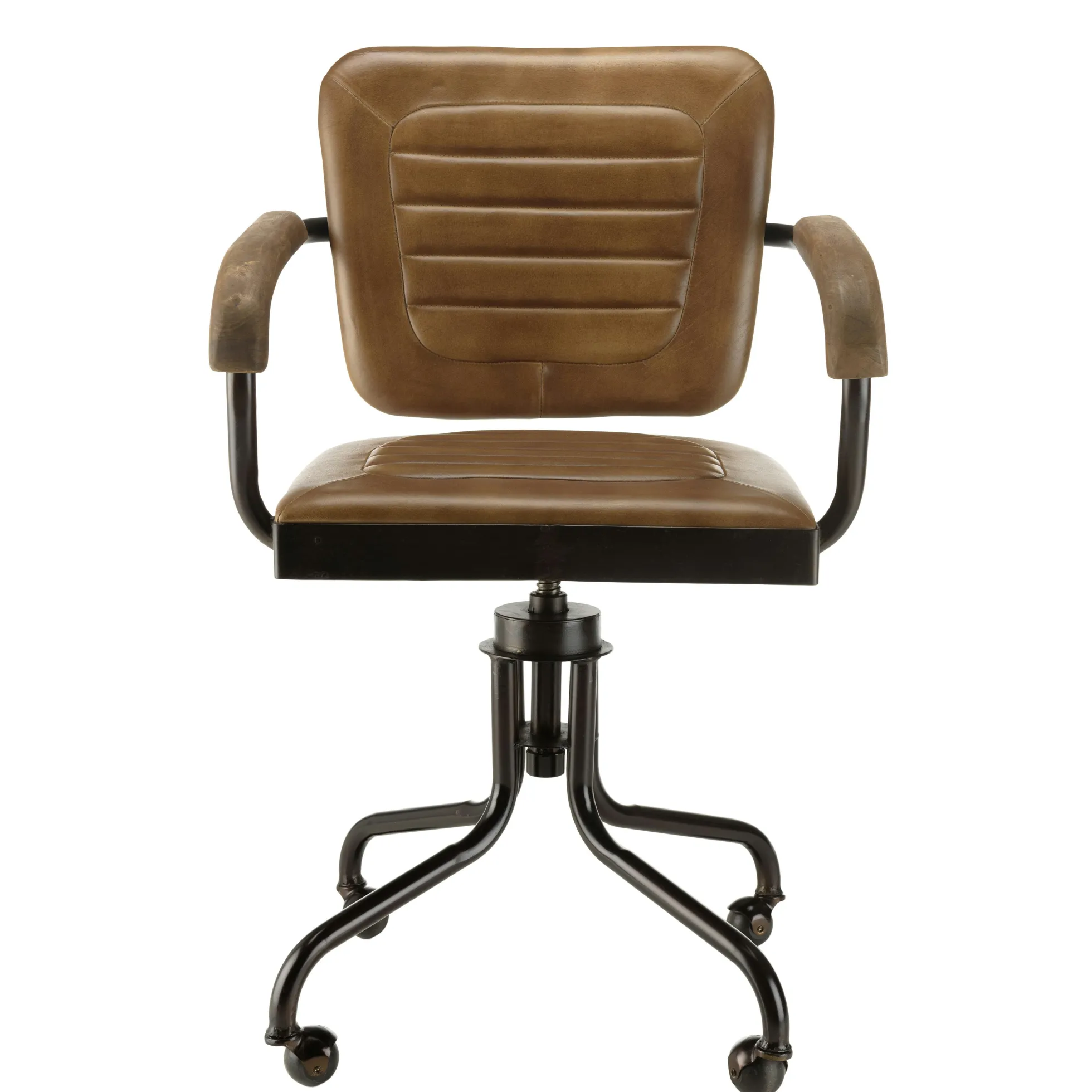 Fauteuil de bureau à roulettes cuir havane et bois TIM