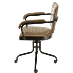 Fauteuil de bureau à roulettes cuir havane et bois TIM