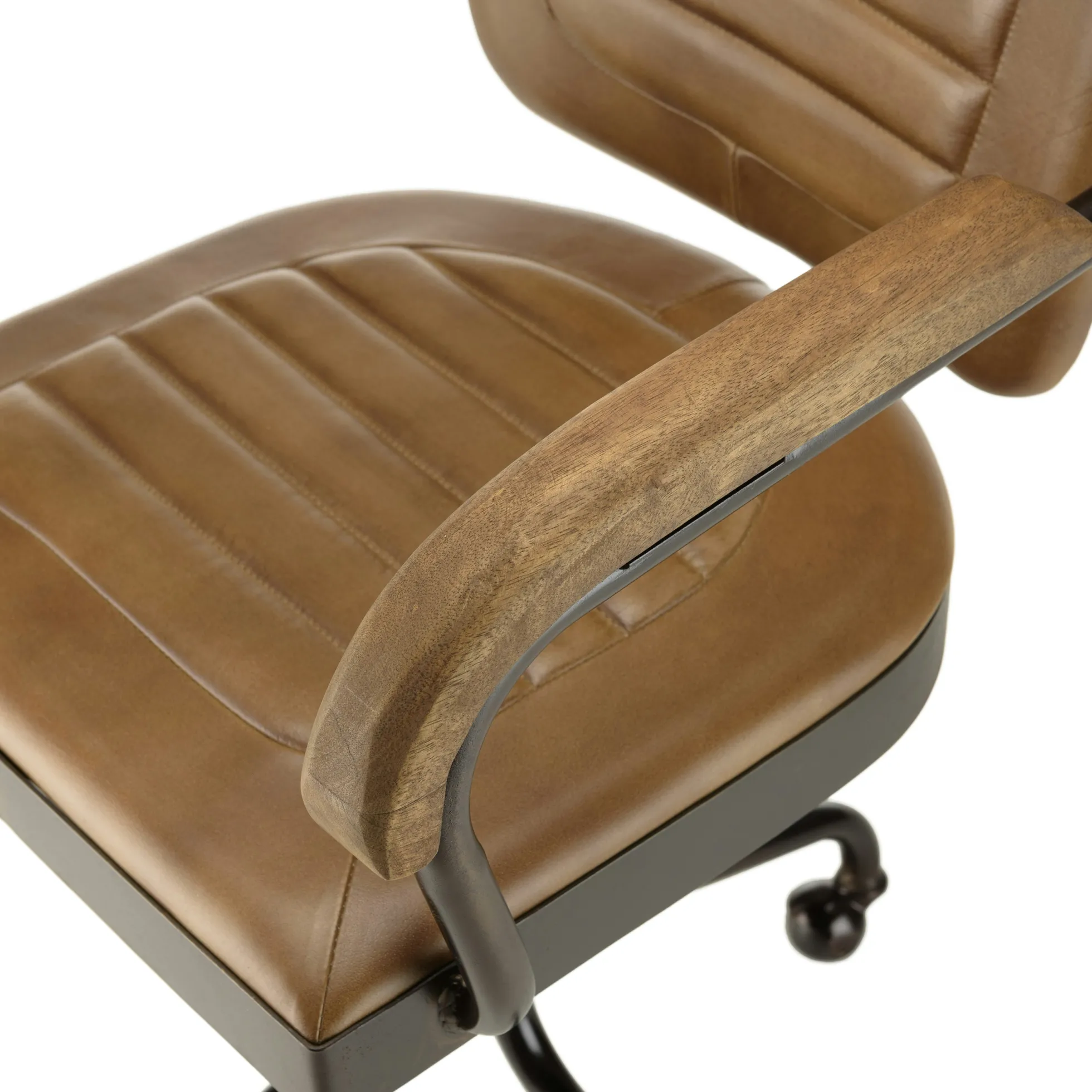 Fauteuil de bureau à roulettes cuir havane et bois TIM
