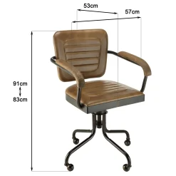 Fauteuil de bureau à roulettes cuir havane et bois TIM