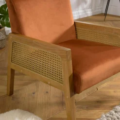 Fauteuil de chambre en cannage et velours rouille TIM