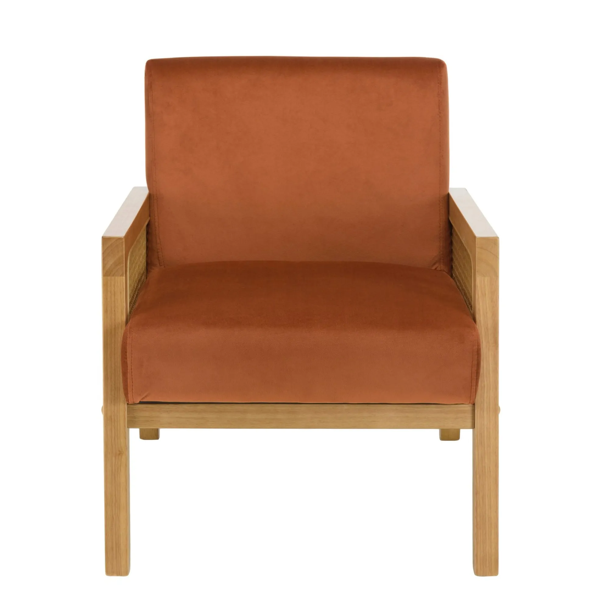 Fauteuil de chambre en cannage et velours rouille TIM