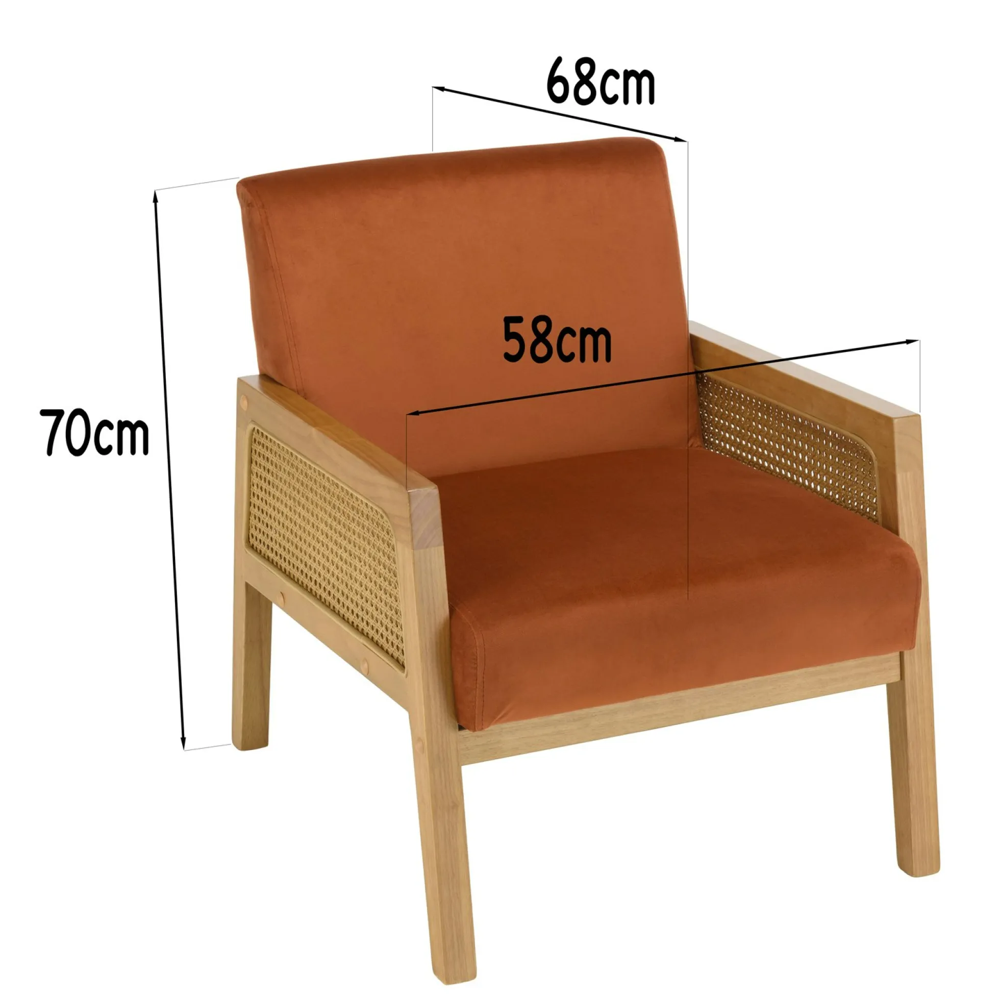 Fauteuil de chambre en cannage et velours rouille TIM