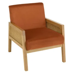 Fauteuil de chambre en cannage et velours rouille TIM