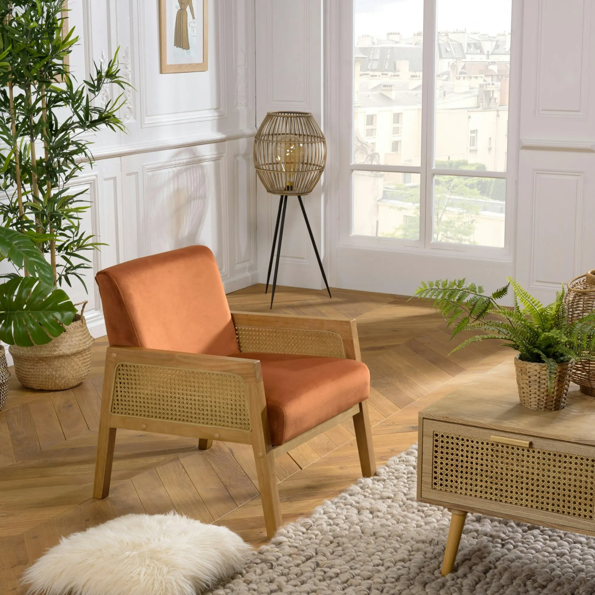 Fauteuil de chambre en cannage et velours rouille TIM